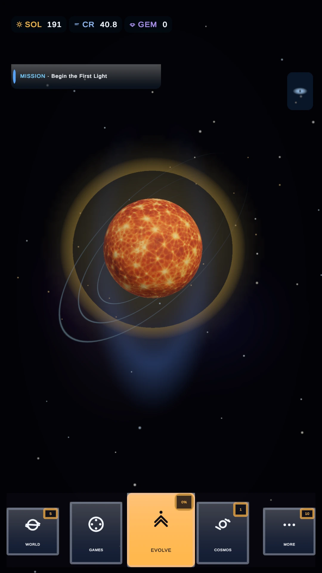 Gameplay showing the molten Sun with its golden accretion ring and the game HUD.