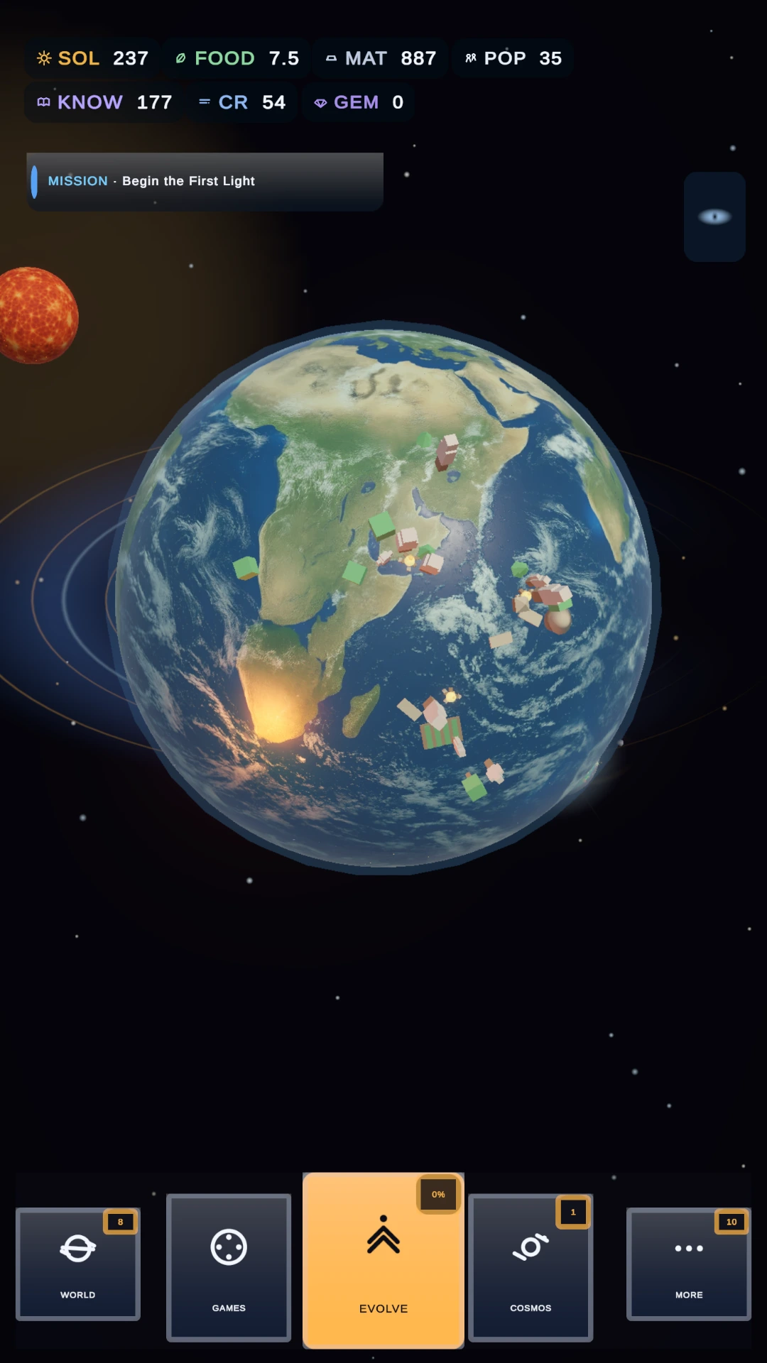 Gameplay showing Earth as the active world with the game HUD.
